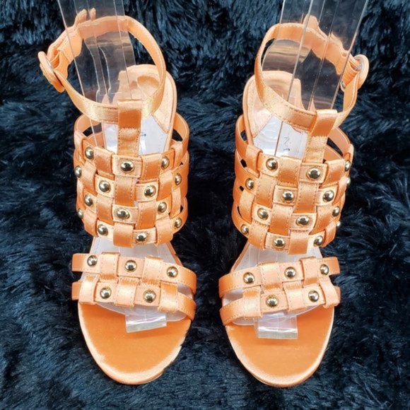 Orange Satin Woven Strap Studded High Heel Shoes - Picture 3 of 6